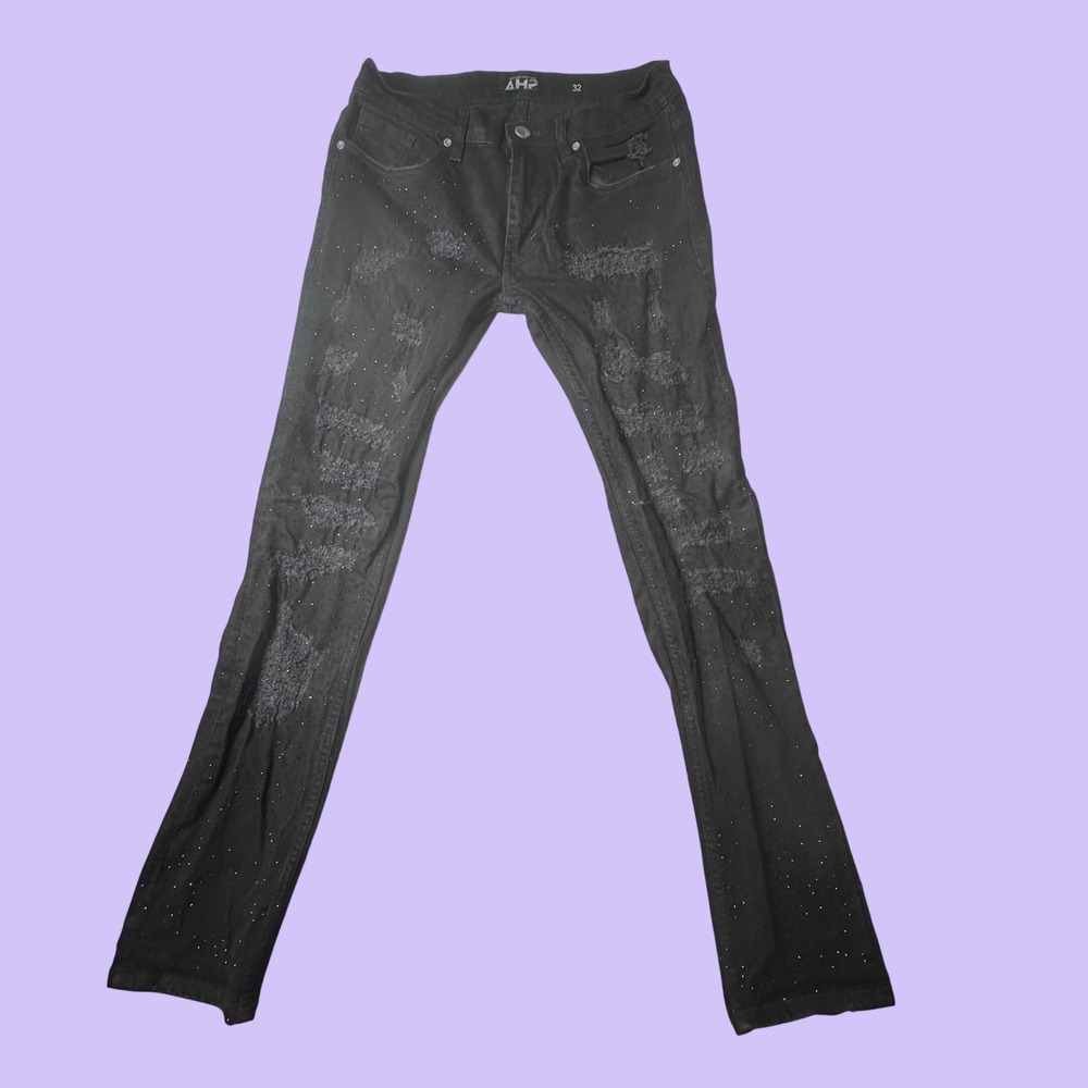 AHP Jeans Mens 32x32 Black Another Hype Piece Distressed Rhinestone Slim Ripped